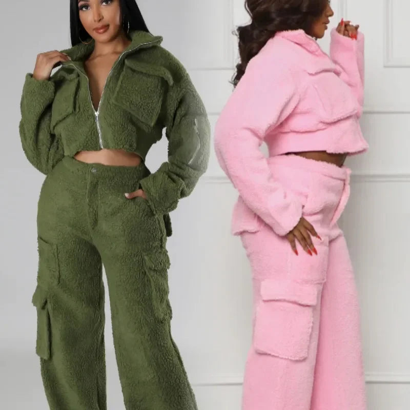 Solid Cashmere Thickened Warm 2 Piece Set Women Long Sleeve Zipper Crop Top High Waist Button 3D Pockets Pants Casual Streetwear