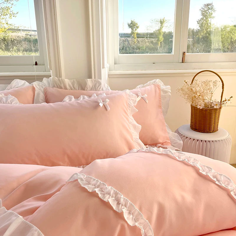 Pink Lace Ruffle Bowknot Duvet Cover Bedding Set