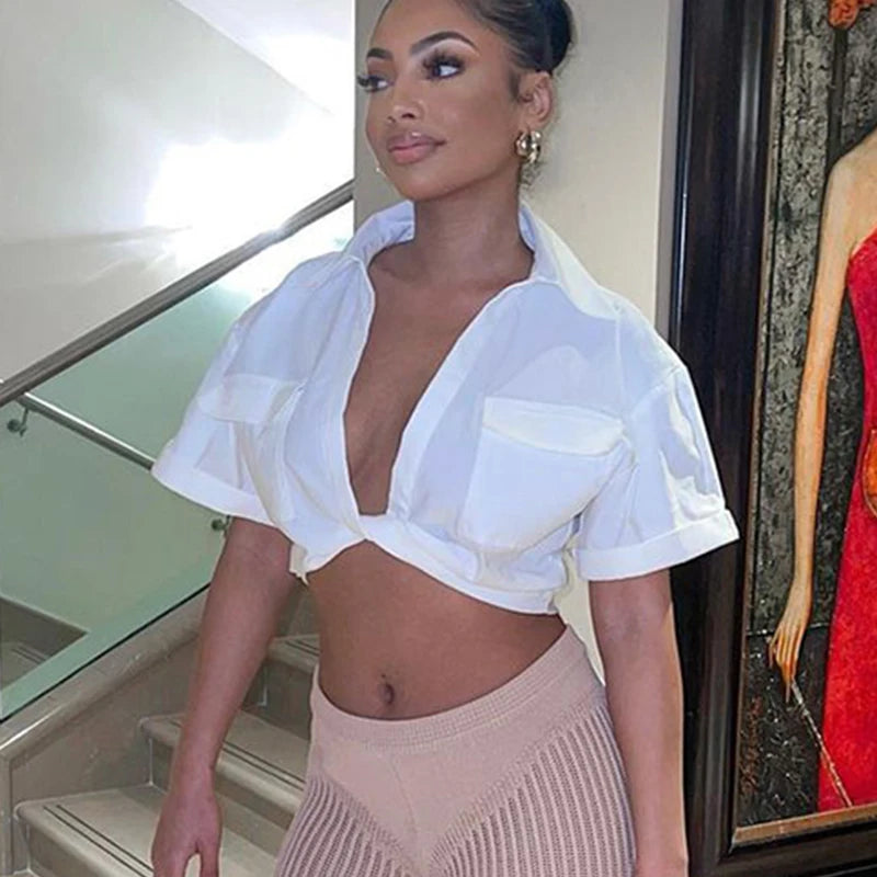 Short Sleeve Blouse Women Pockets Deep V Neck Cleavage