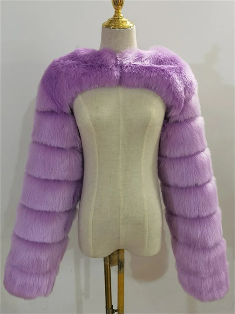 Winter Warm Long Sleeve Crop Top Faux Fur Jackets