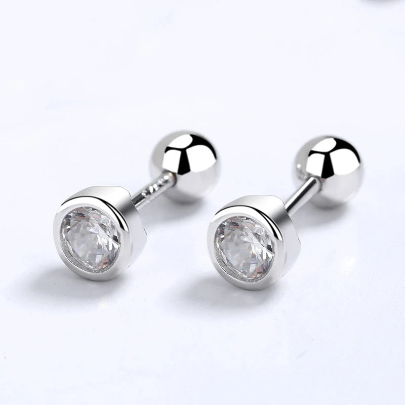Sterling Silver Zircon Round Screw Thread Bead Stud Earrings
