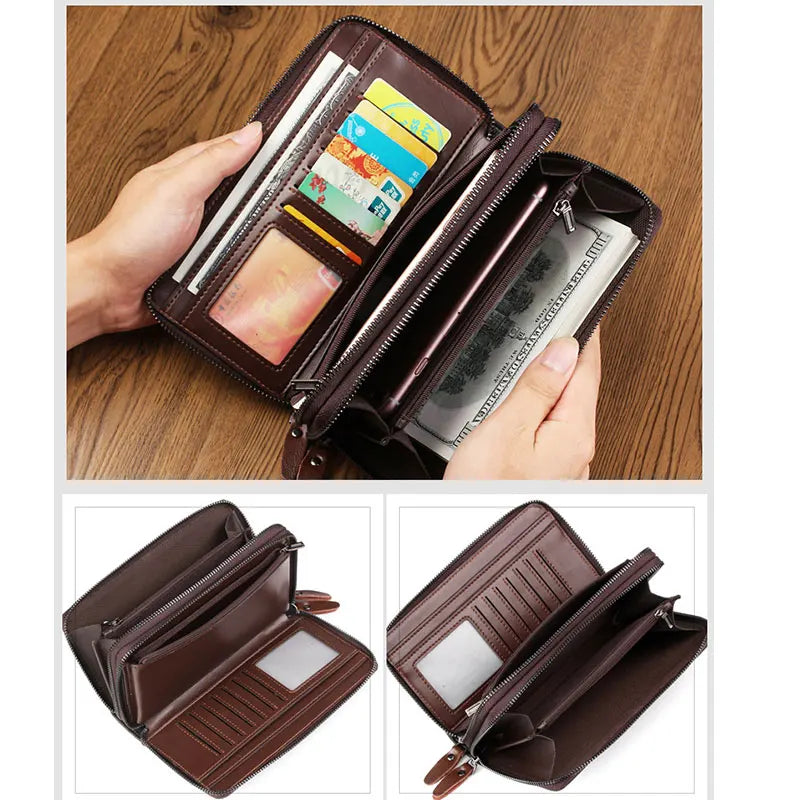 Men Long PU Leather Wallet Double Zipper