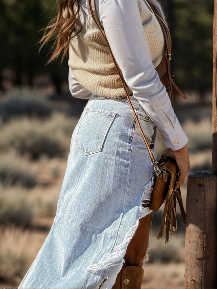 Denim Ripped Irregular Maxi Skirt