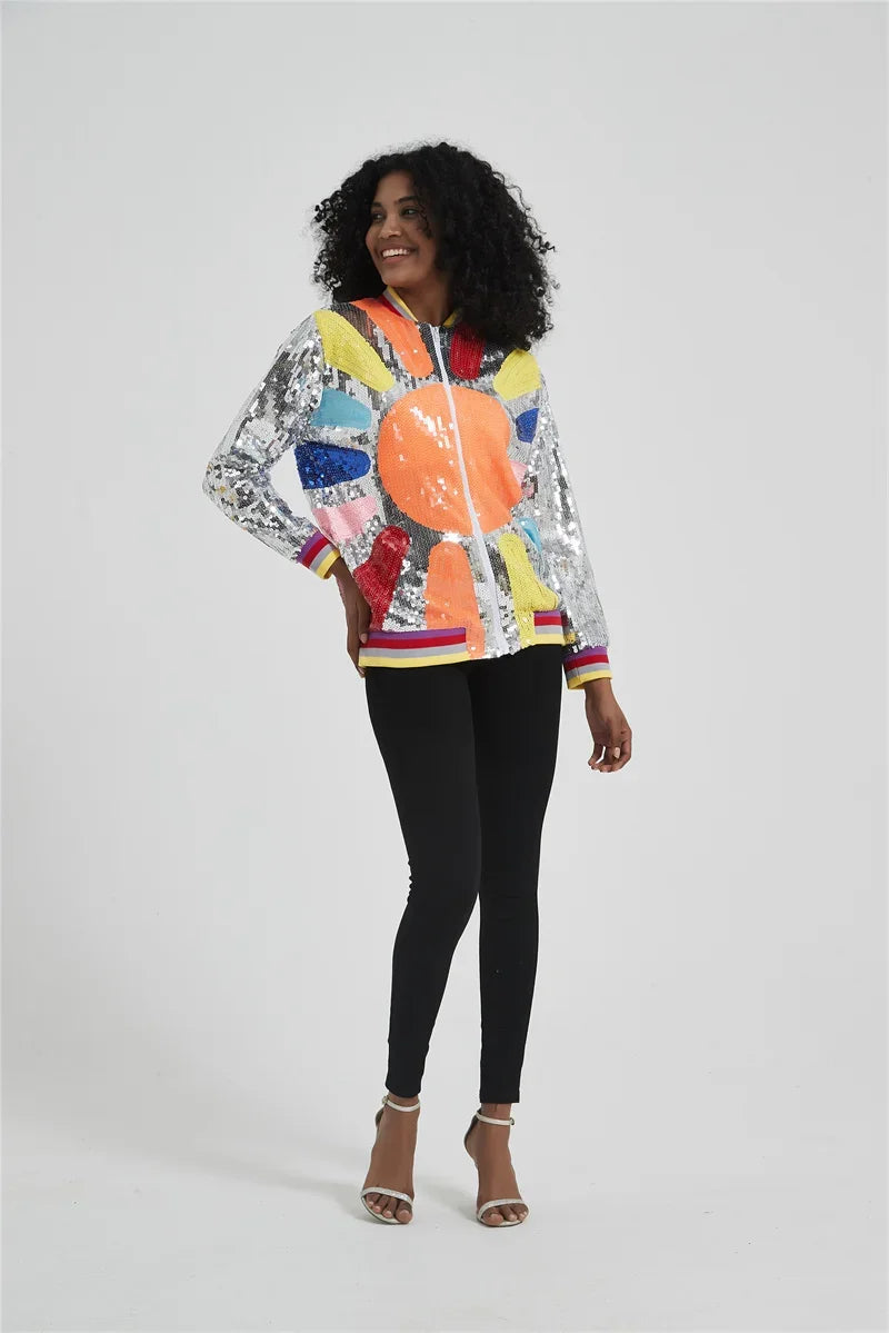 Patchwork Color Long Sleeve Sequins Streetwear Coat