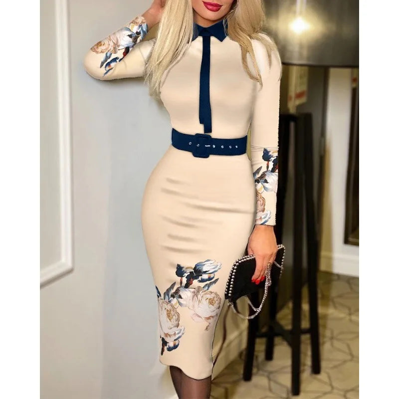 Printed A-line Suit Collar Dress