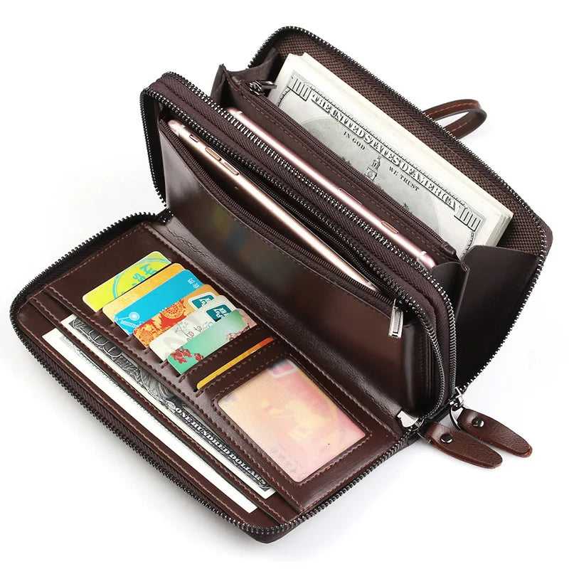 Men Long PU Leather Wallet Double Zipper
