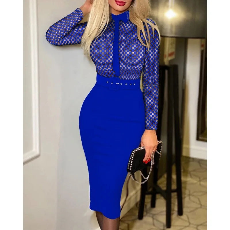 Printed A-line Suit Collar Dress
