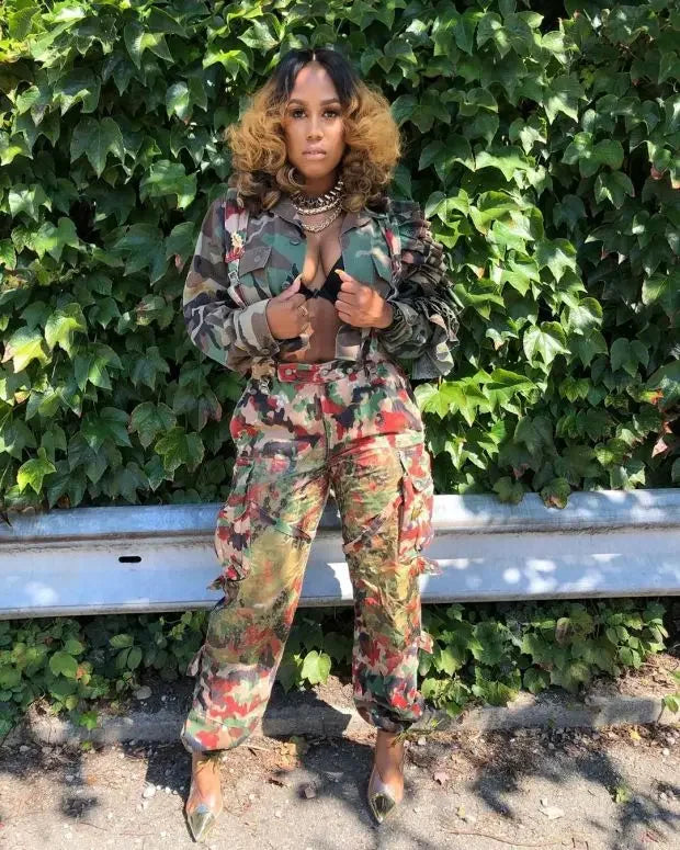 Chocomist Street Wear Ruffle Design Camo Women Jacket