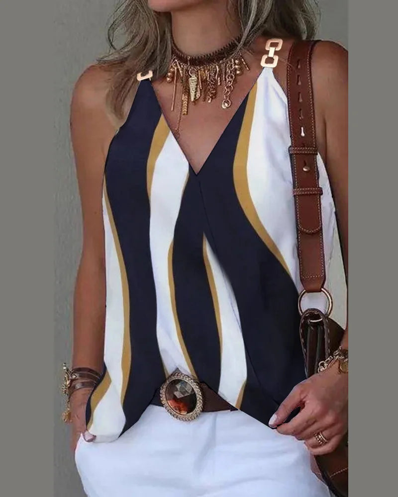 Simple V-neck Metal Buckle Printed Tank Top