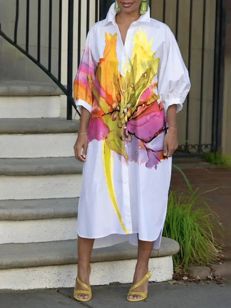 Women Fashion Floral Printed Lapel Shirts Dress
