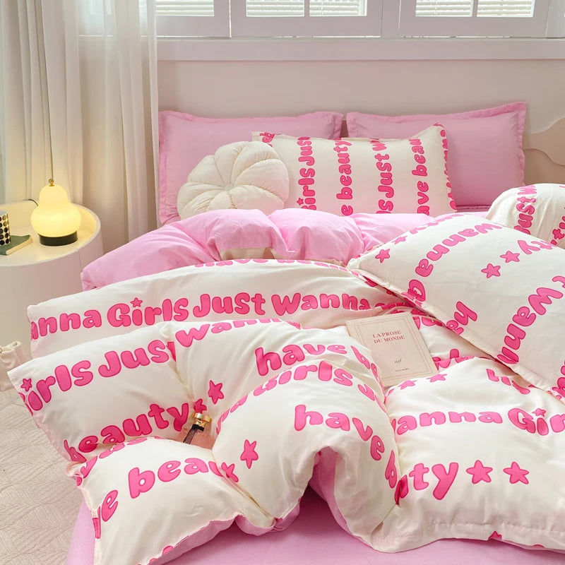 Pink Letter Bedding Set Flat Bed Sheet Pillowcase