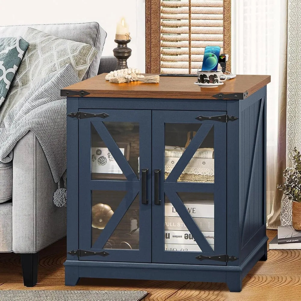 End Table with Charging Station, 24" Large Sofa Side Table with Glass Barn Door