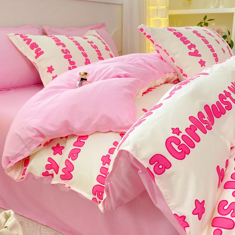 Pink Letter Bedding Set Flat Bed Sheet Pillowcase