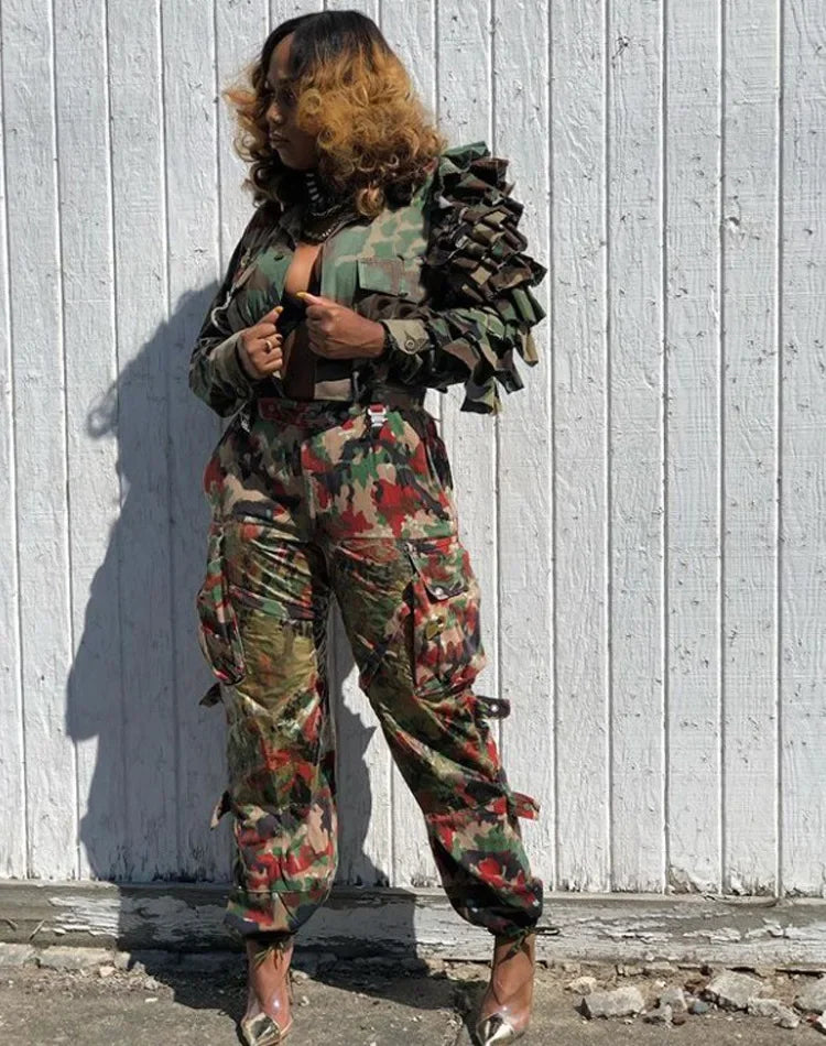 Chocomist Street Wear Ruffle Design Camo Women Jacket