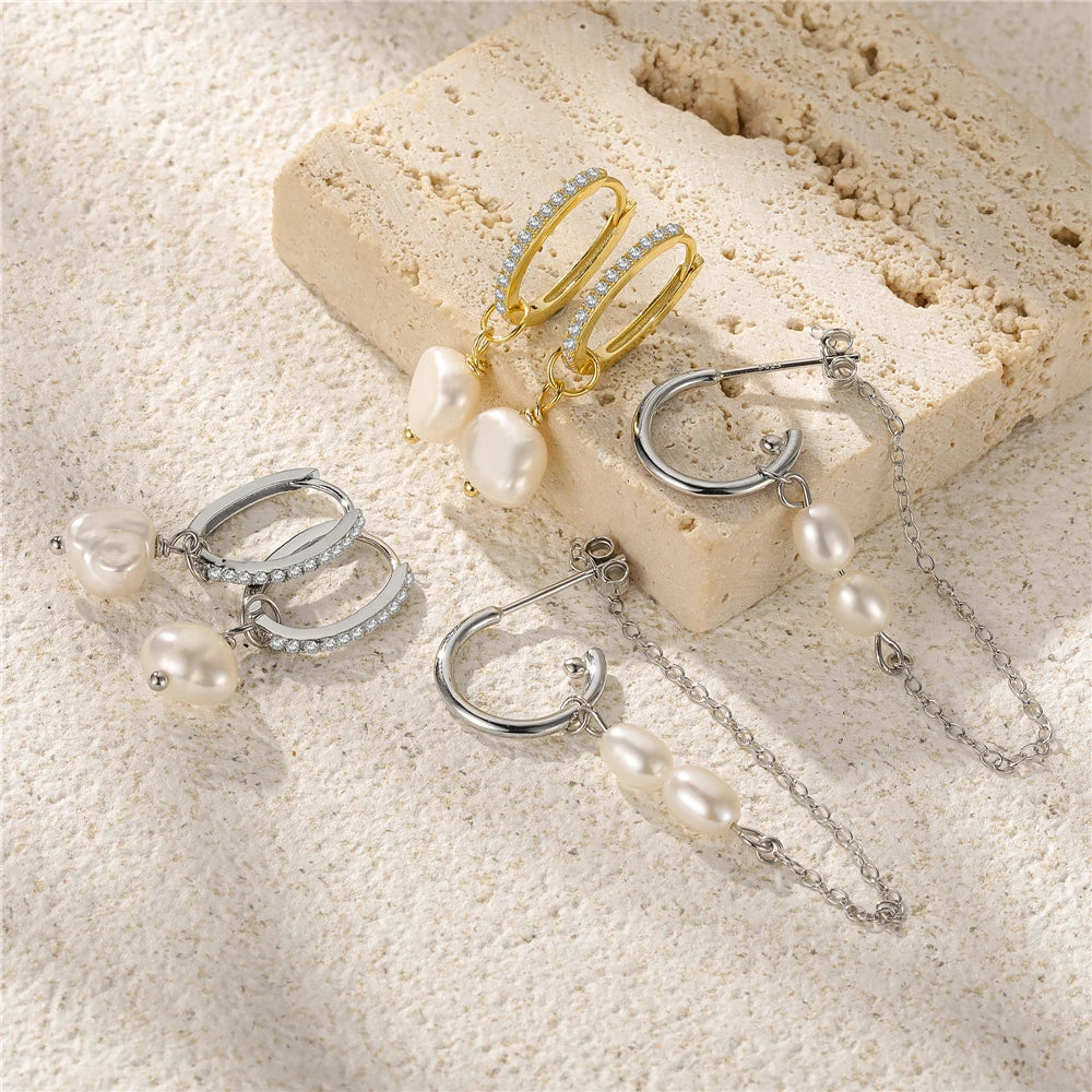 Sterling Silver Chain Earrings Pearl Drop