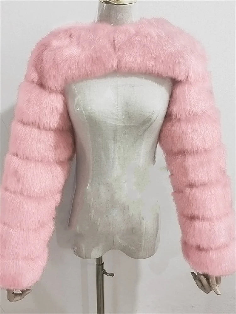 Winter Warm Long Sleeve Crop Top Faux Fur Jackets
