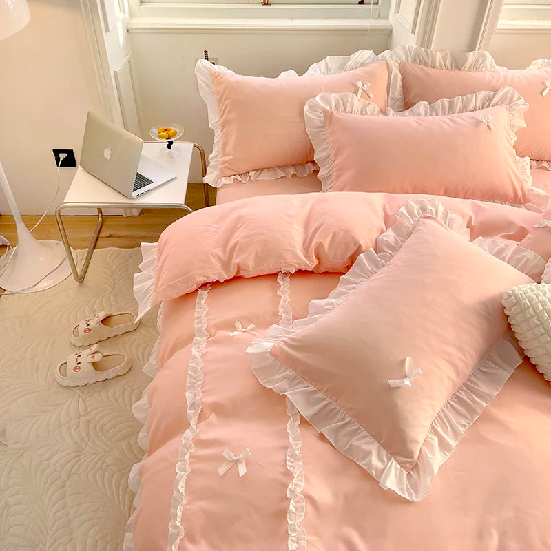 Pink Lace Ruffle Bowknot Duvet Cover Bedding Set