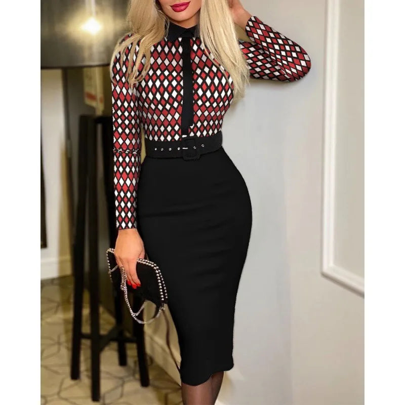 Printed A-line Suit Collar Dress