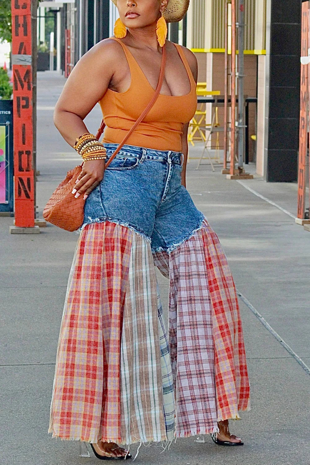 Plus Size Fashion Party Blue Tartan Contrast Patchwork Denim