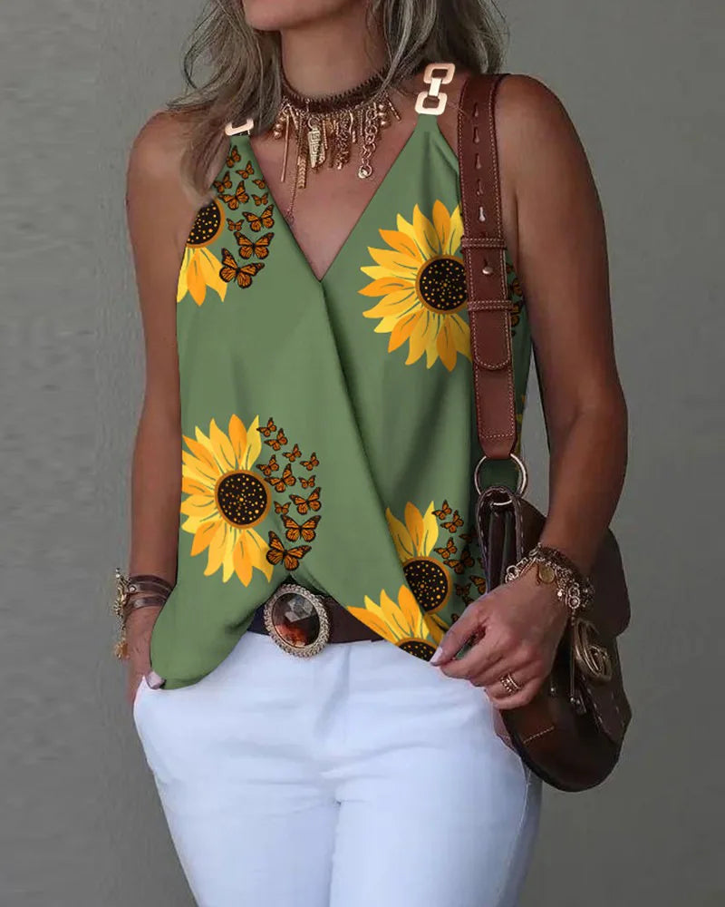 Simple V-neck Metal Buckle Printed Tank Top