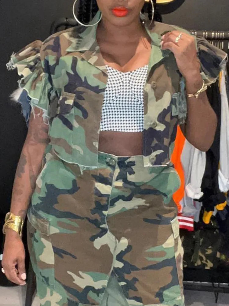 Butterfly Sleeve Single Breasted Camouflage Coat