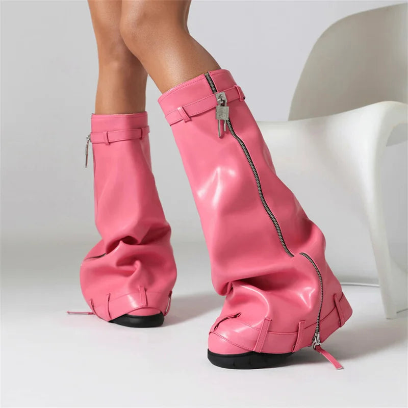 Lock Metal Women's Platform Boots Zipper