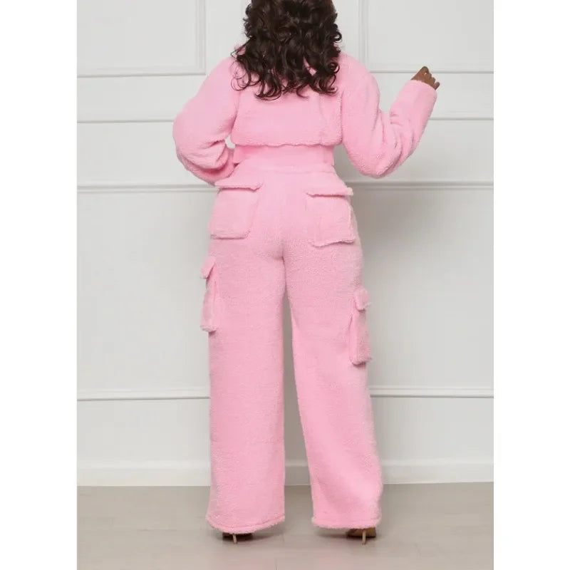 Solid Cashmere Thickened Warm 2 Piece Set Women Long Sleeve Zipper Crop Top High Waist Button 3D Pockets Pants Casual Streetwear