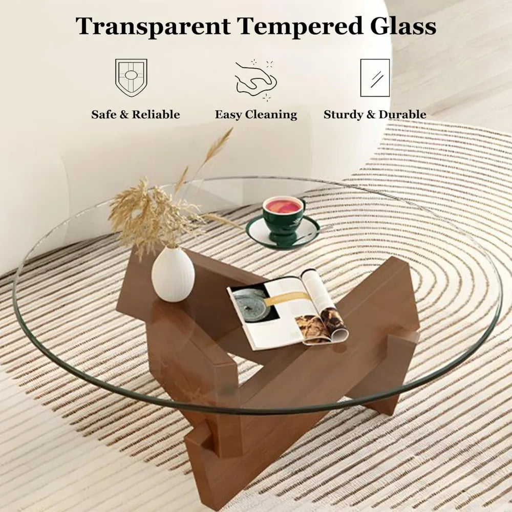Large Circle Cocktail Table (Walnut + Transparent, 31.5in)