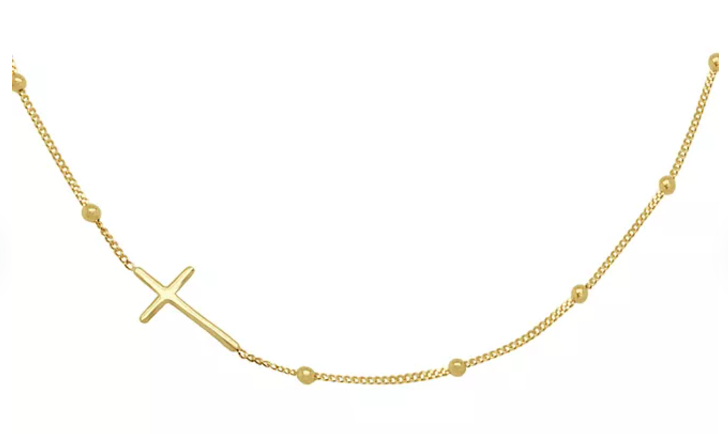 Sideway Cross Necklace on High Polish Beaded Station Chain in 14K Yellow Gold, Adj 16”-18” with Lobster Clasp