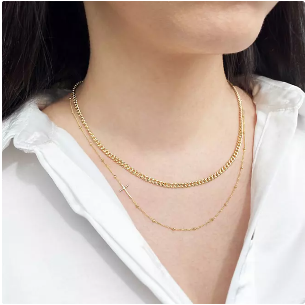 Sideway Cross Necklace on High Polish Beaded Station Chain in 14K Yellow Gold, Adj 16”-18” with Lobster Clasp