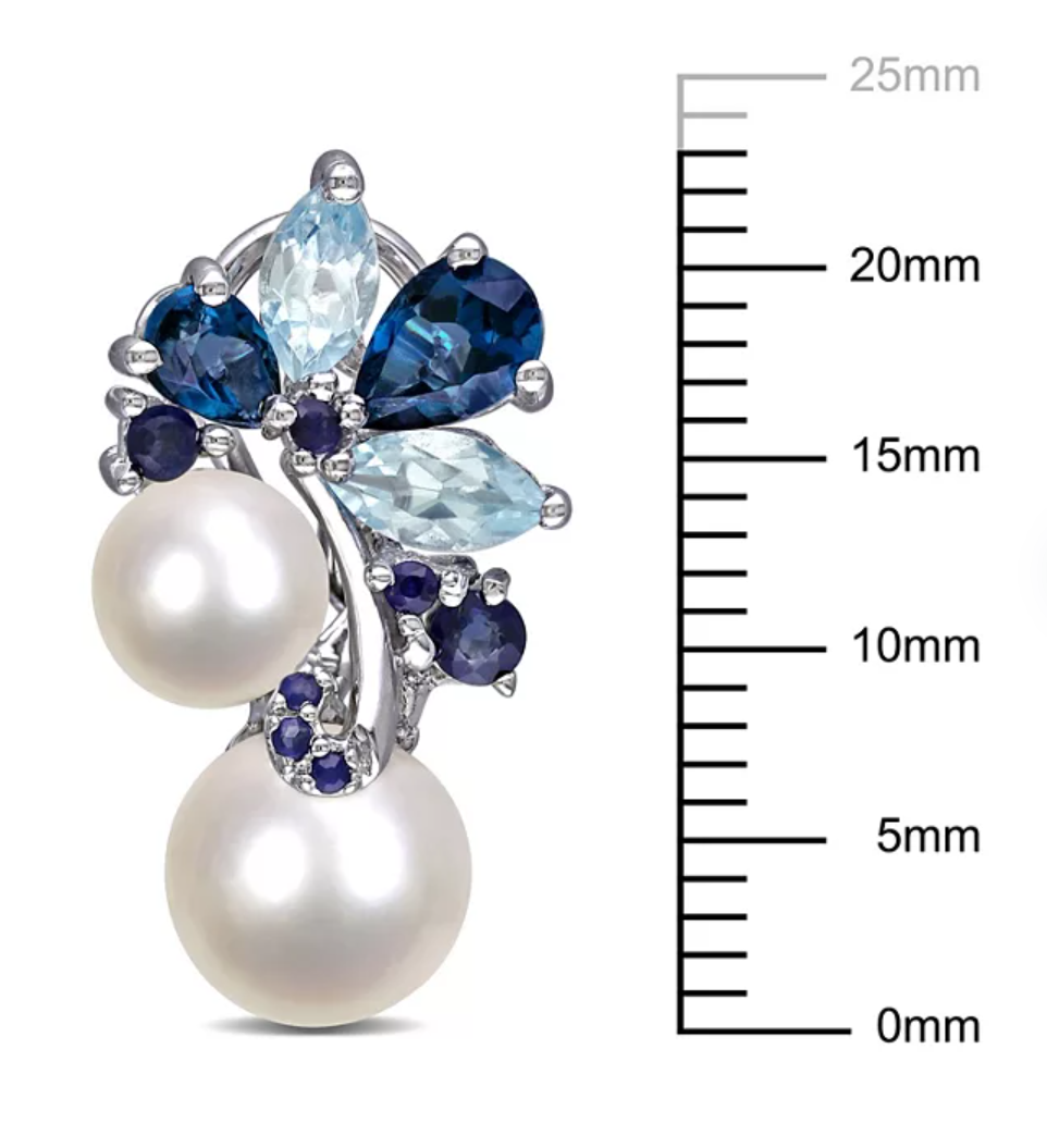 6-8.5 mm Round Freshwater Cultured Pearl with Blue Topaz and Sapphire Earrings in Sterling Silver