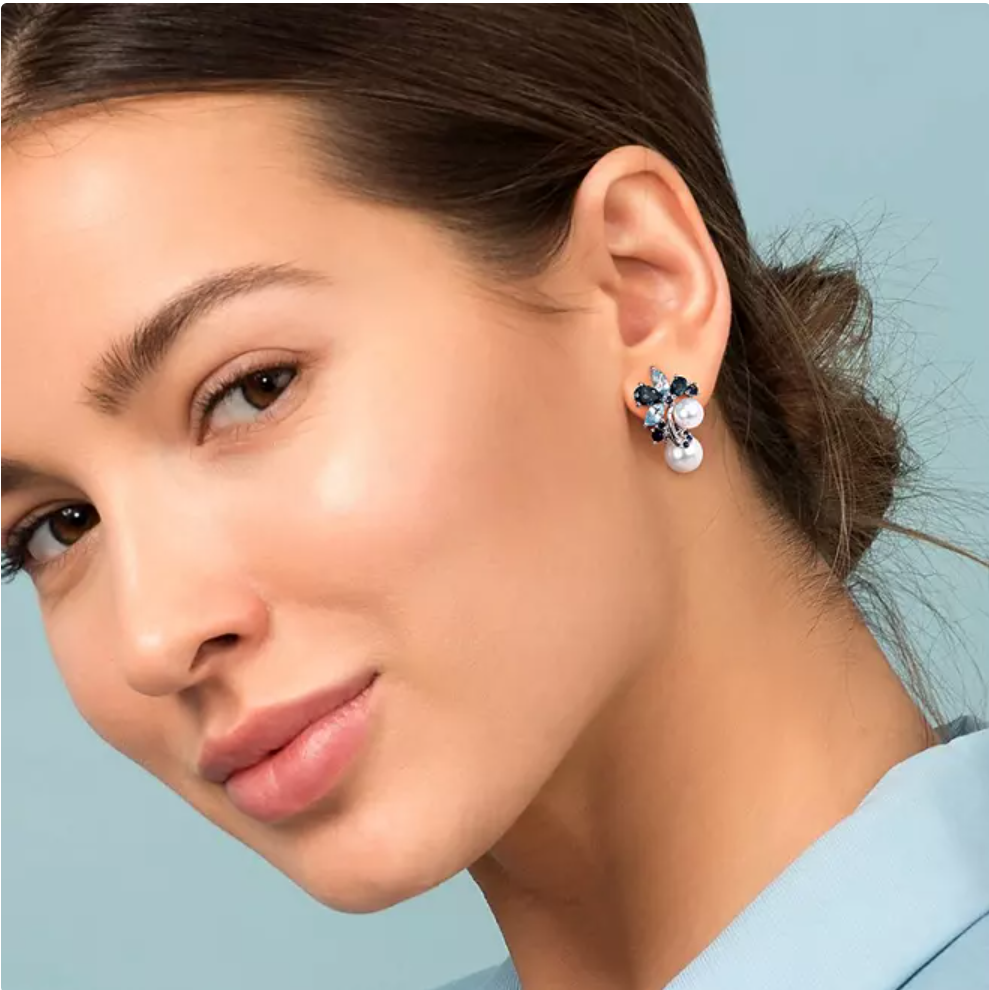 6-8.5 mm Round Freshwater Cultured Pearl with Blue Topaz and Sapphire Earrings in Sterling Silver