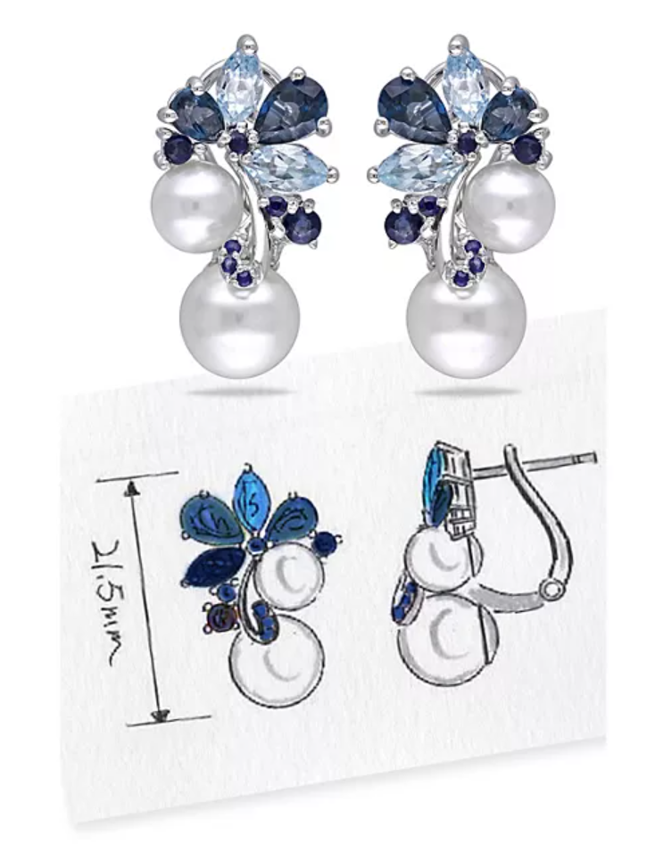 6-8.5 mm Round Freshwater Cultured Pearl with Blue Topaz and Sapphire Earrings in Sterling Silver