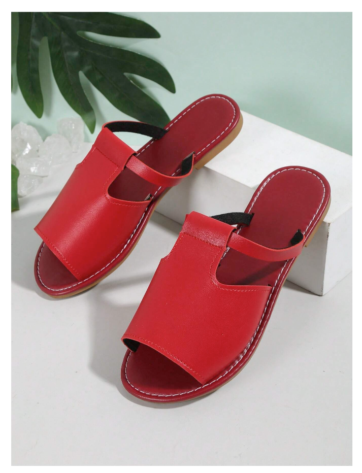 Women Cut Out Burgundy Slide Flat Sandals