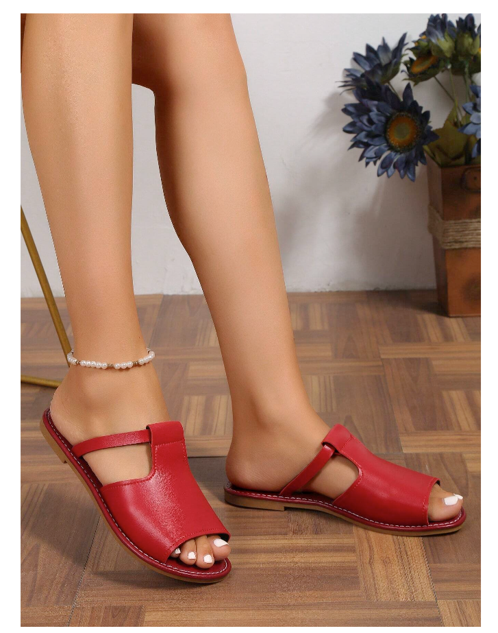 Women Cut Out Burgundy Slide Flat Sandals