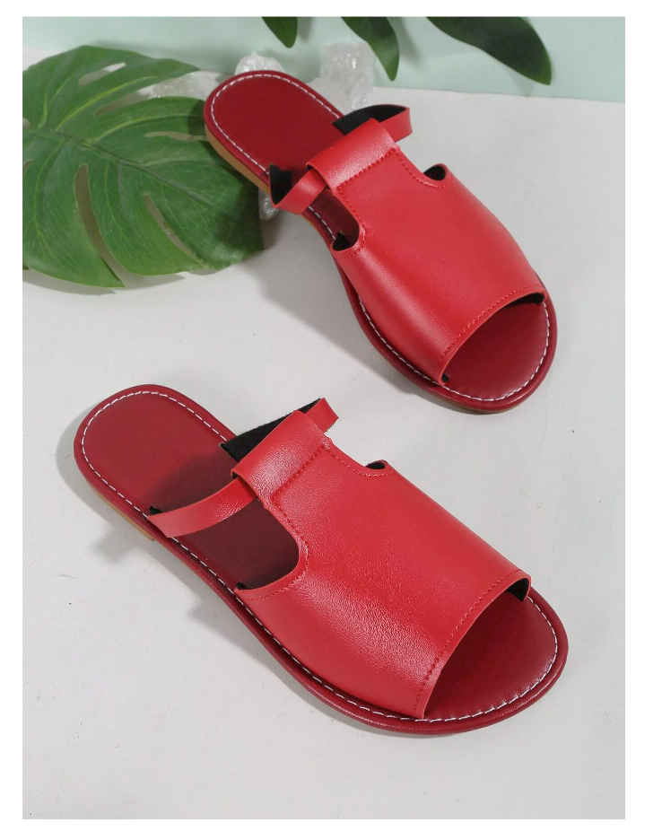 Women Cut Out Burgundy Slide Flat Sandals