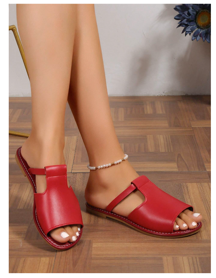 Women Cut Out Burgundy Slide Flat Sandals