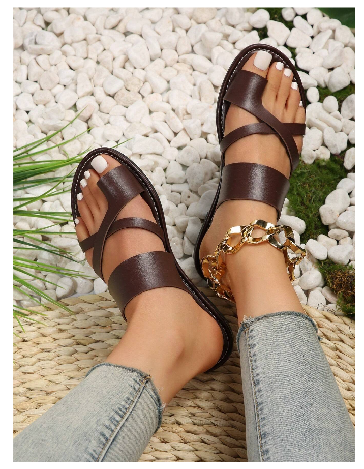 Coffee Brown Women Criss Cross Thong Sandals
