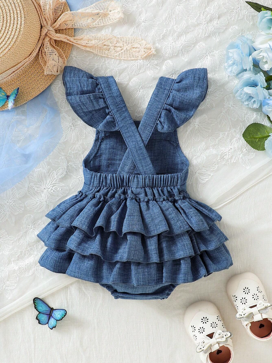Baby Girl Soft And Stretchy Denim-Like Wrinkled Bodysuit