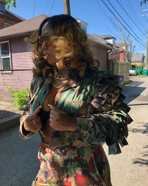 Chocomist Street Wear Ruffle Design Camo Women Jacket