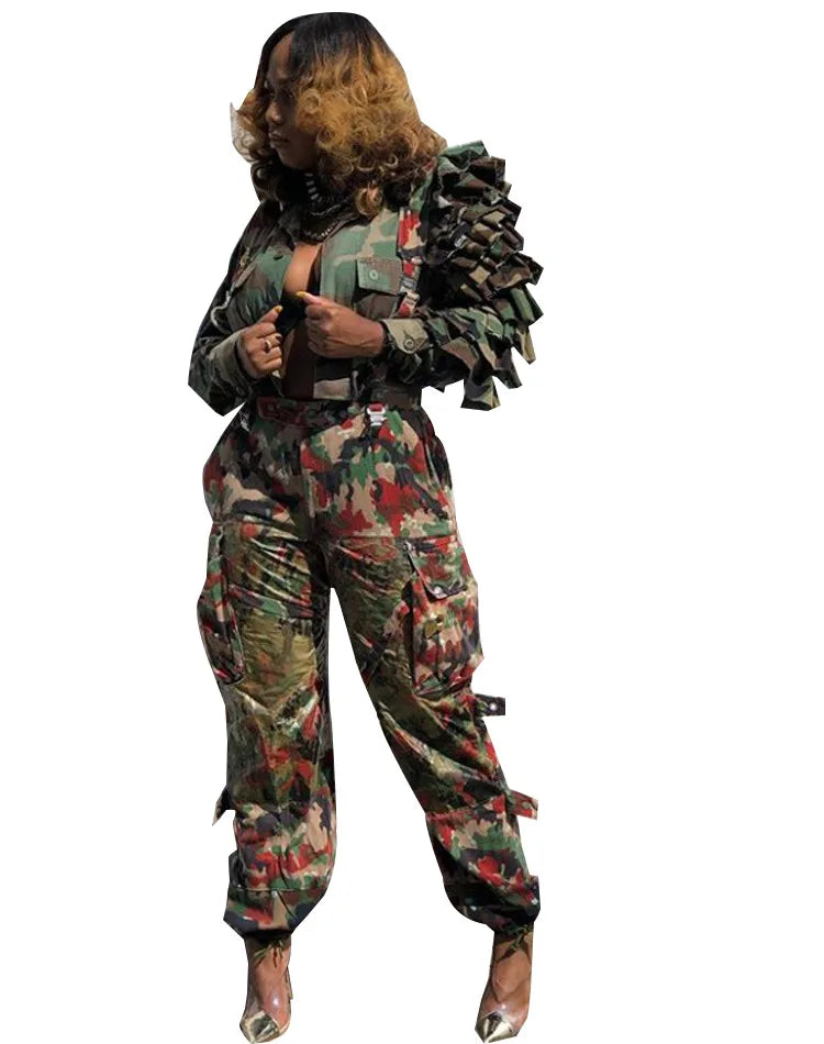 Chocomist Street Wear Ruffle Design Camo Women Jacket