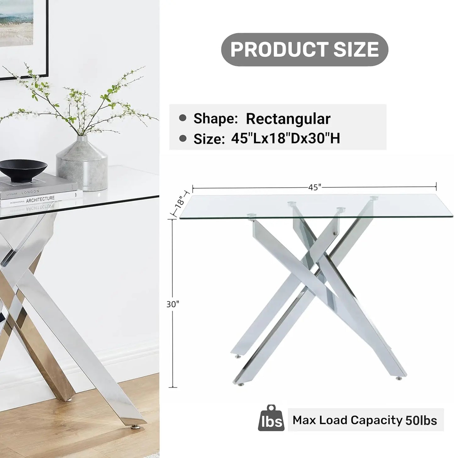 Narrow Sofa Table with Tempered Glass Top and Metal Tubular Legs