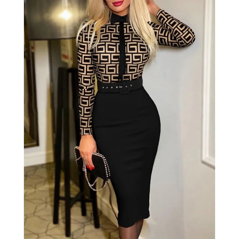 Printed A-line Suit Collar Dress