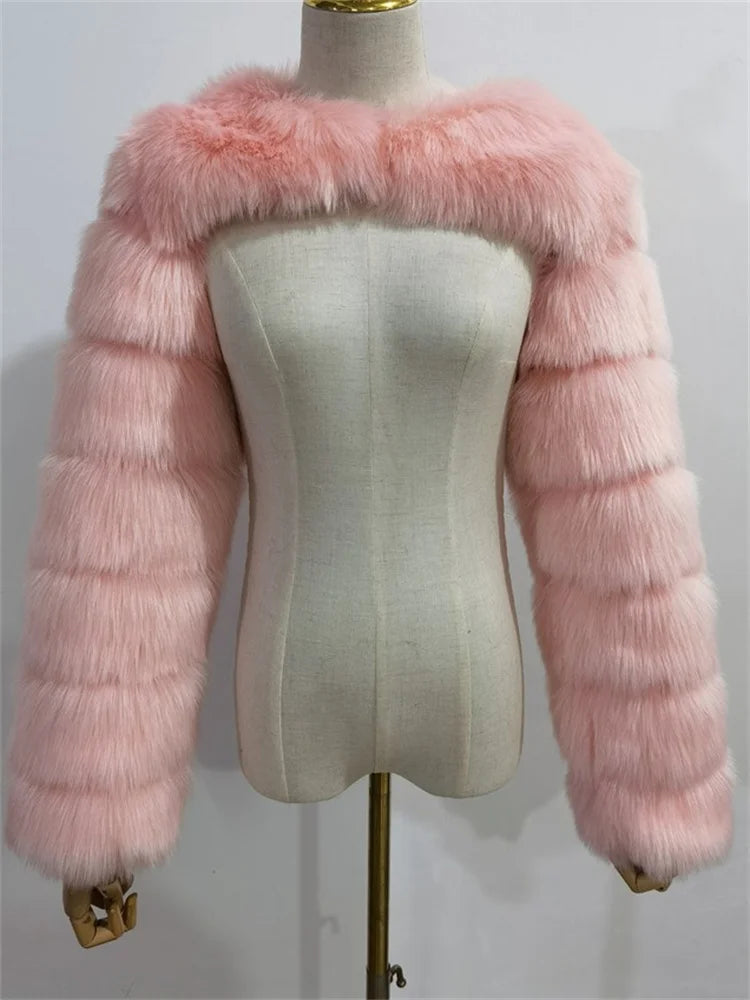 Winter Warm Long Sleeve Crop Top Faux Fur Jackets