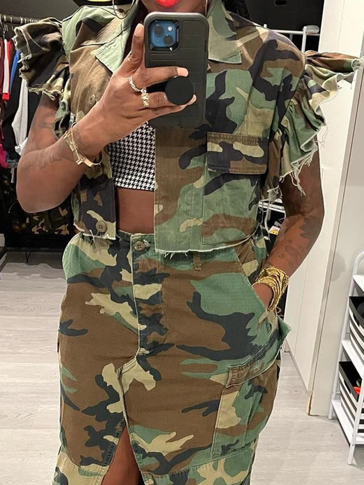 Butterfly Sleeve Single Breasted Camouflage Coat