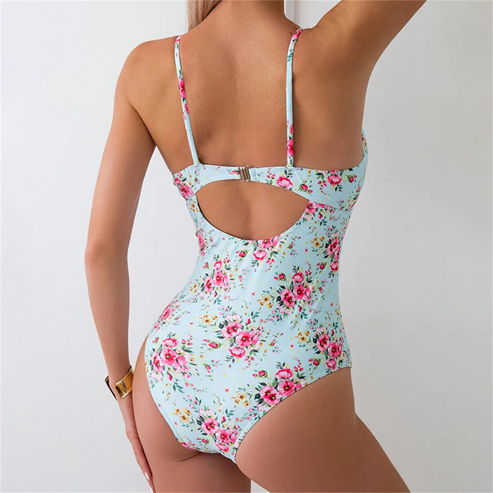 Floral Sling Bikini U-neck Hollow Out Drawstring Swimsuit