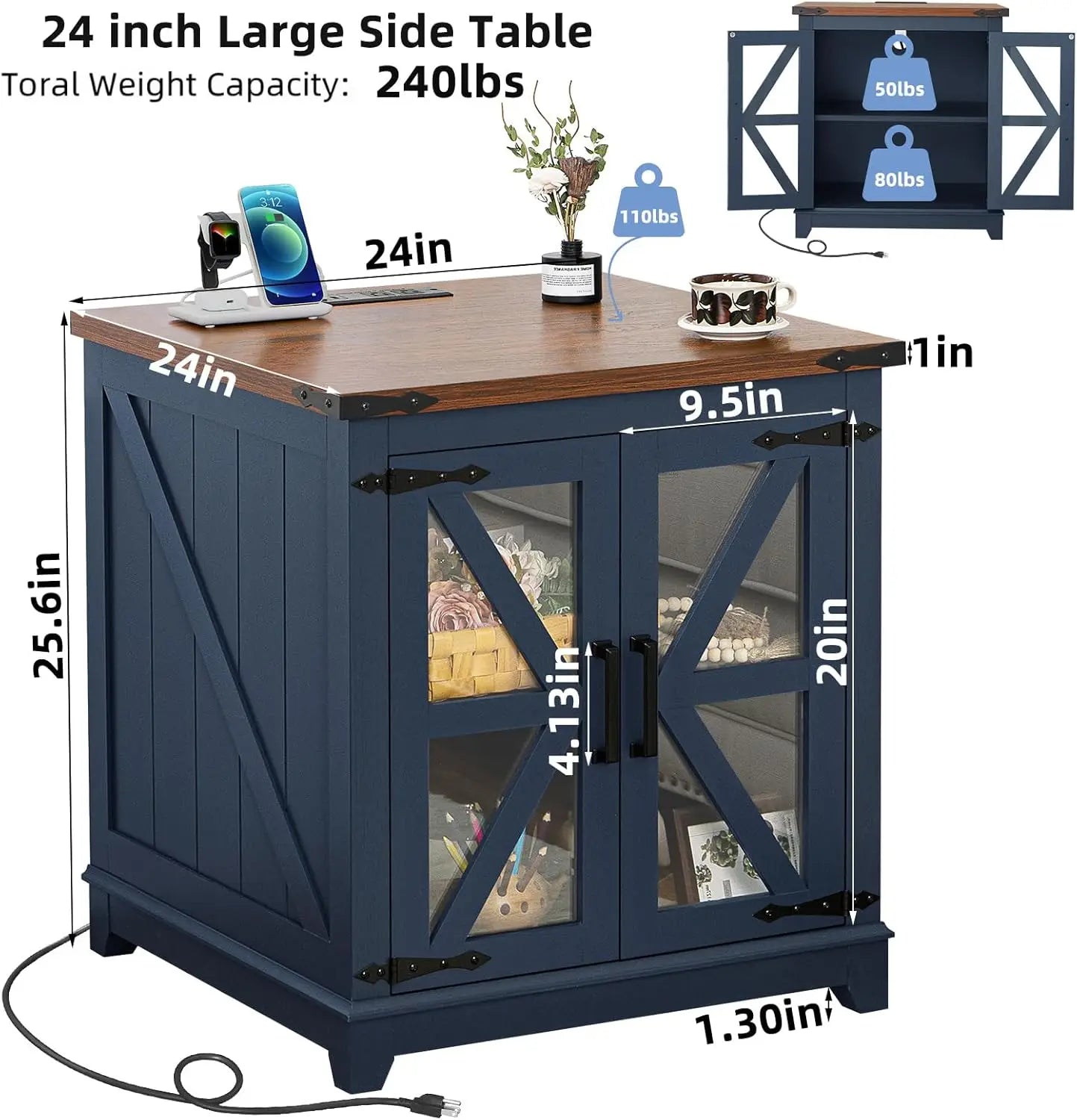 End Table with Charging Station, 24" Large Sofa Side Table with Glass Barn Door