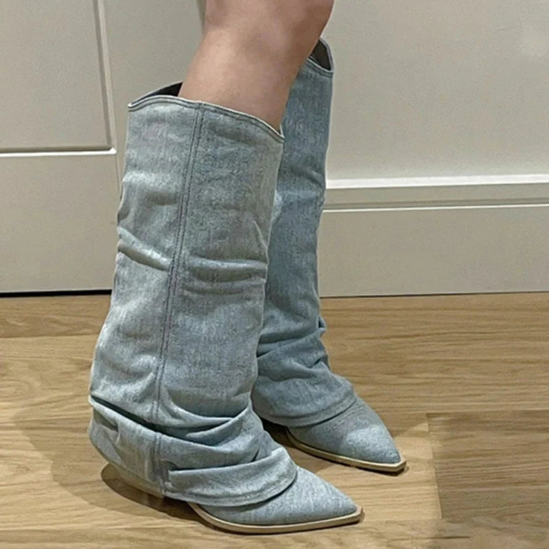 Denim Knee High Boots Women Pointed Toe Thick Heels