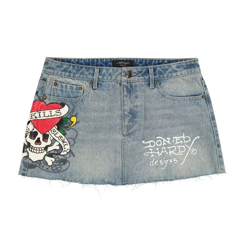 Hip Hop Letter Print Vintage Blue Denim Skirt