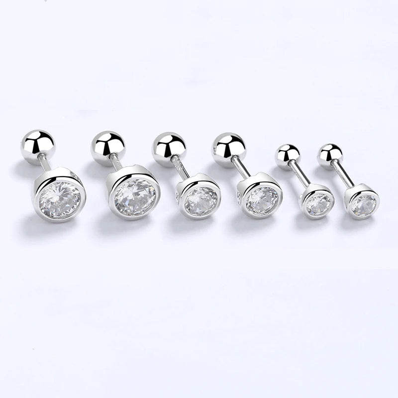 Sterling Silver Zircon Round Screw Thread Bead Stud Earrings